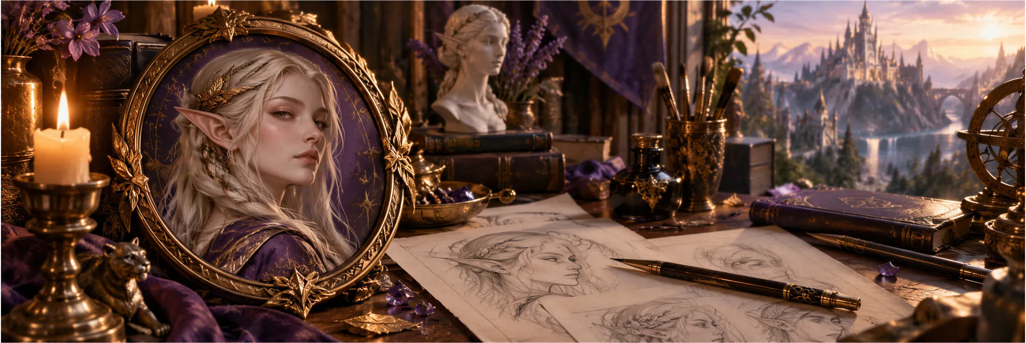 Elf portrait in a fantasy atelier