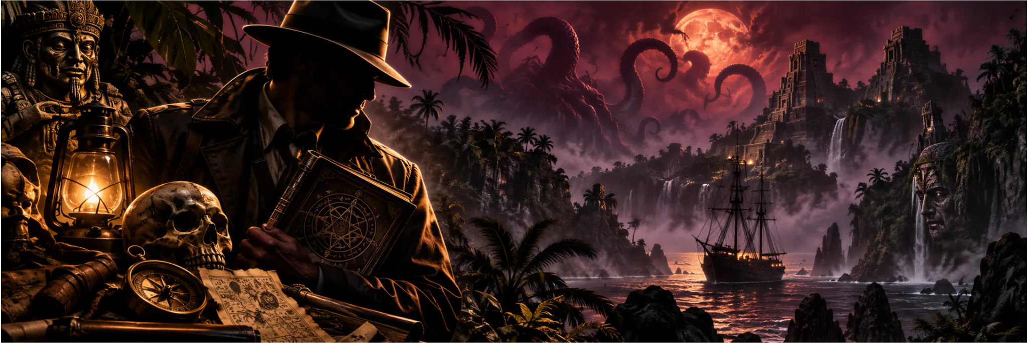 Pulp investigator among tentacled ruins