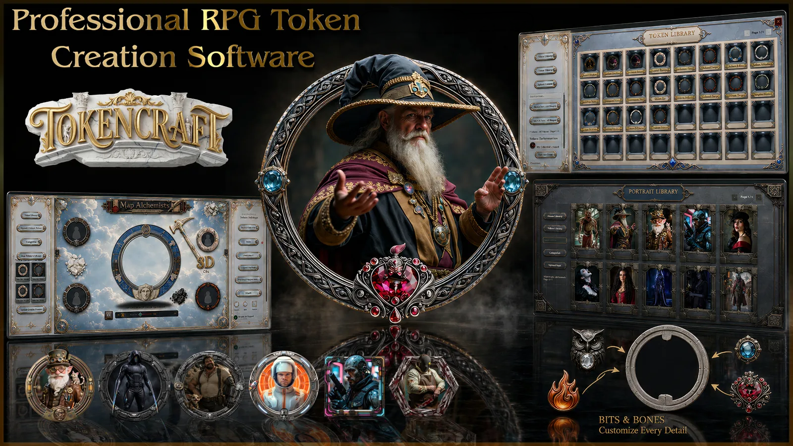 Présentation de TokenCraft montrant l'interface authentique du logiciel de création et des illustrations de tokens fantastiques